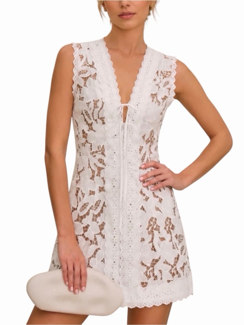 Commense Sleeveless White Floral Lace V-Neck Mini Dress Small NWT